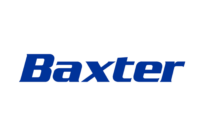 Blue text logo on a white background with the word "Baxter".
