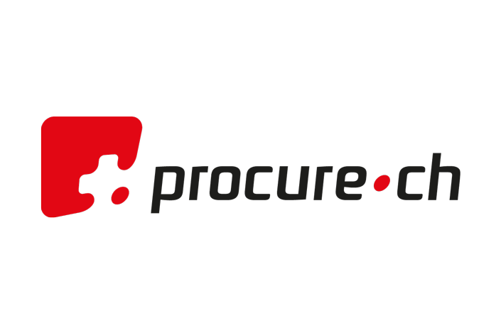 The logo of procure.ch consists of a red abstract shape with a white cut-out, next to it is the name of the organization in black letters with a red dot.