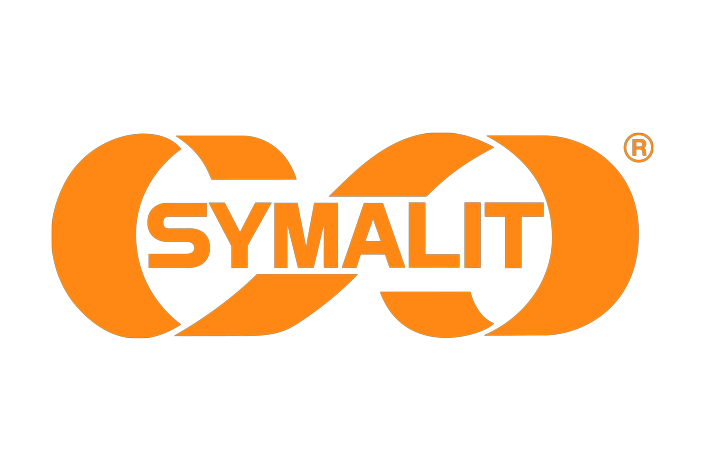Orangefarbenes SYMALIT-Logo mit fetten, sich überlappenden Formen, die ein stilisiertes Unendlichkeitssymbol um das Wort "SYMALIT" in Großbuchstaben bilden.