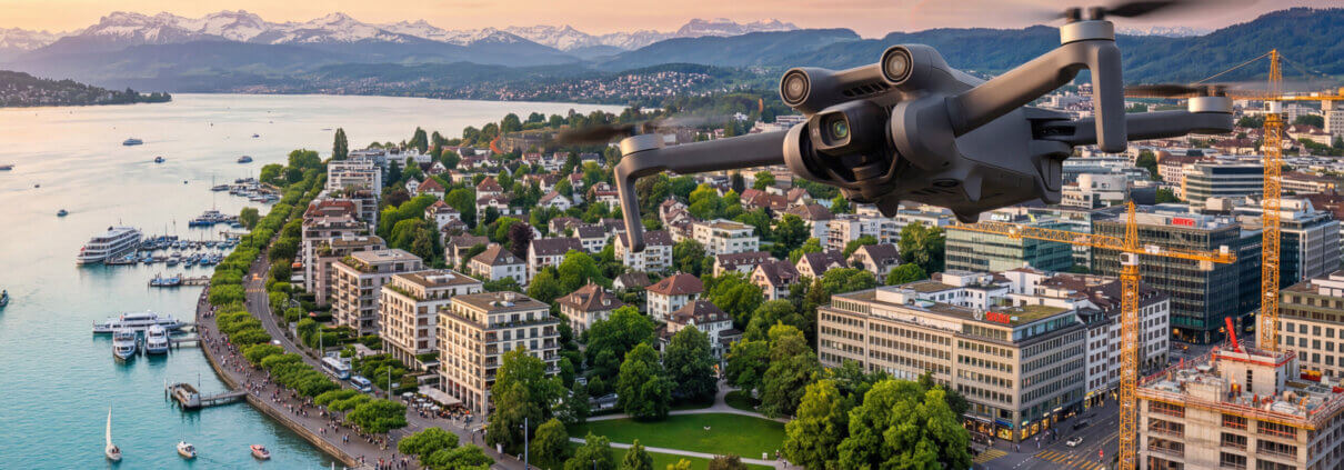 At sunset, a drone flies over the city waterfront, with its buildings, a marina, green spaces, and the mountains in the distance.