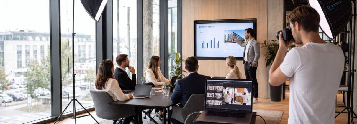 Ein Mann präsentiert einer Gruppe in einem modernen Konferenzraum eine Grafik auf einer Leinwand, während ein Fotograf und ein Kameramann das Treffen dokumentieren.