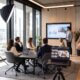 A man is presenting a chart on a screen to a group in a modern conference room, while a photographer and a videographer are documenting the meeting.