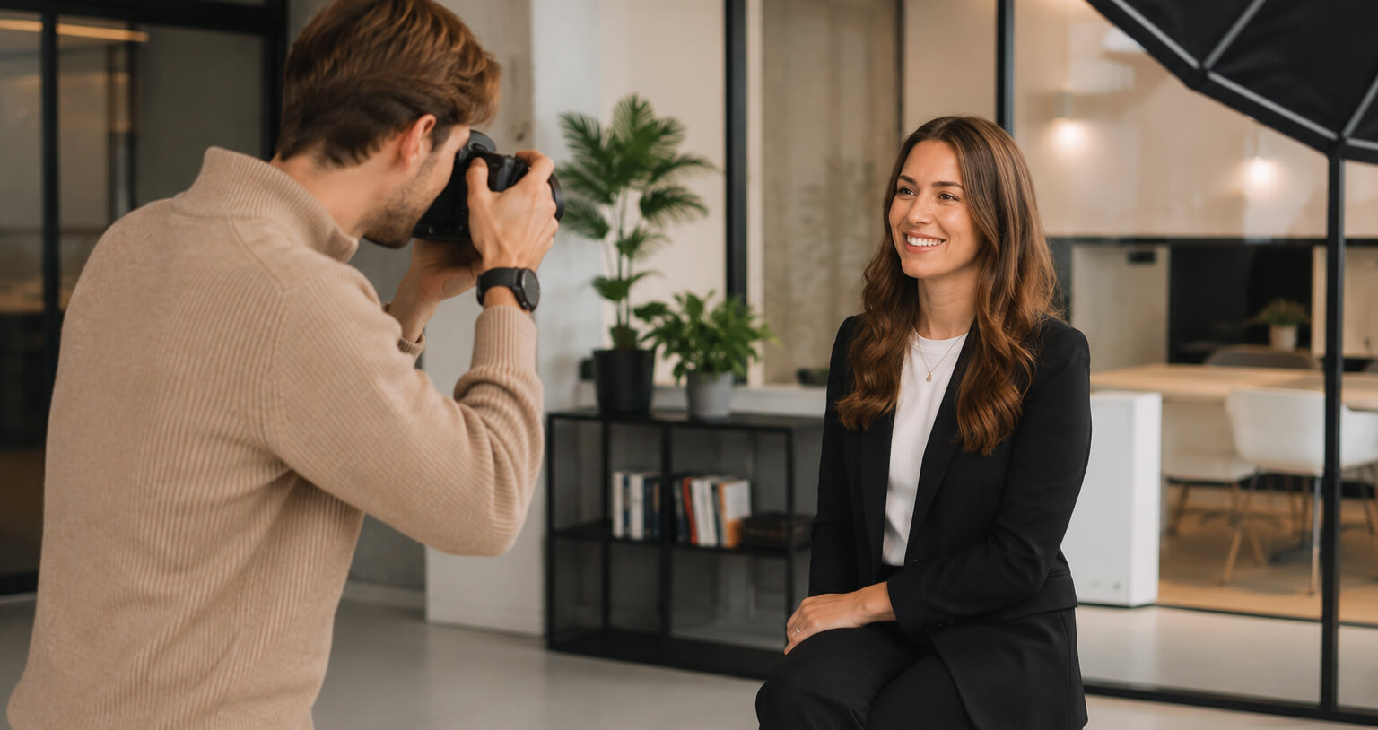 A photographer takes a photo of a woman in business attire who is sitting and smiling in a modern office setting.