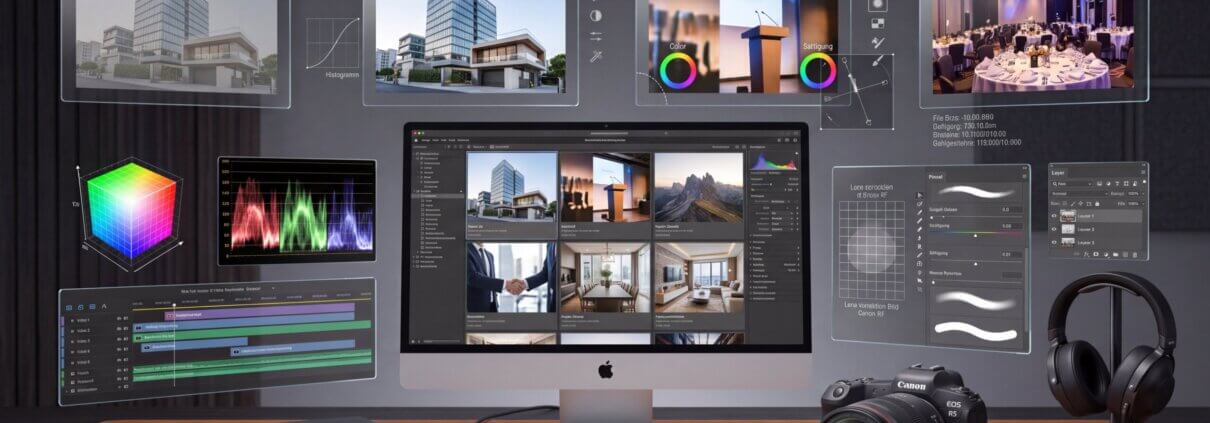 A desktop setup consisting of an iMac, a camera, headphones, memory cards, and editing software, with photo and video editing tasks displayed in German on its screens.