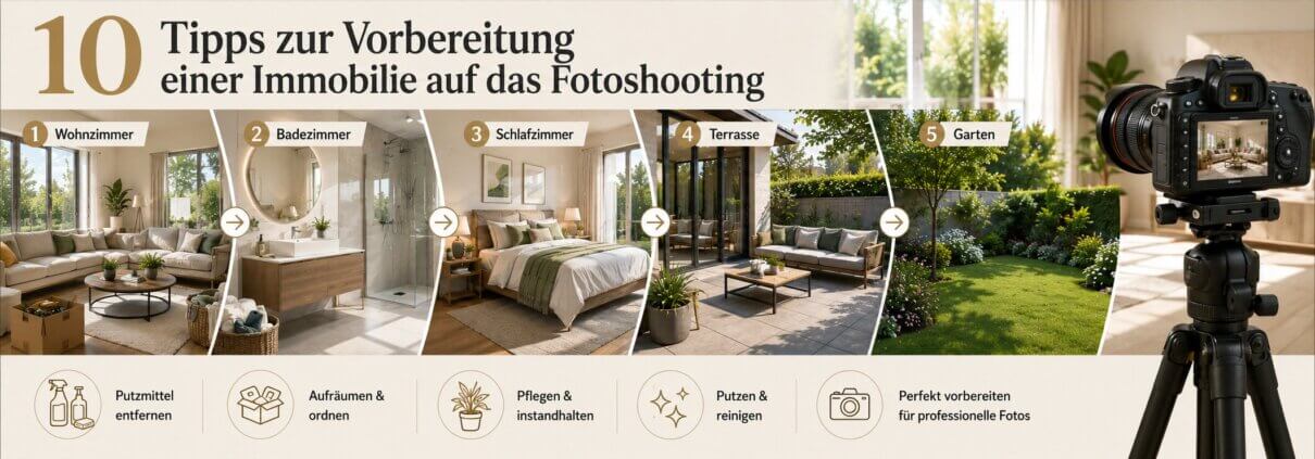 A camera mounted on a tripod is pointed at a house's living room, bathroom, bedroom, patio, and garden, illustrating five tips for preparing a property for a photo shoot.