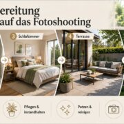 A camera mounted on a tripod is pointed at a house's living room, bathroom, bedroom, patio, and garden, illustrating five tips for preparing a property for a photo shoot.