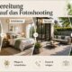 A camera mounted on a tripod is pointed at a house's living room, bathroom, bedroom, patio, and garden, illustrating five tips for preparing a property for a photo shoot.