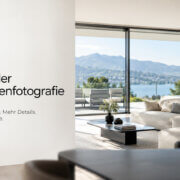 Modernes Wohnzimmer mit großen Fenstern und Blick auf einen See und die Berge, als Beispiel für einen Blogbeitrag über HDR in der Immobilienfotografie.