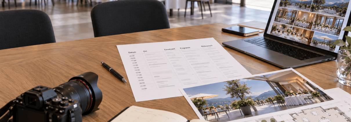 Ein Holztisch, auf dem ein Laptop mit Fotos der Veranstaltung, eine Kamera, ein ausgedruckter Veranstaltungsplan, ein aufgeschlagener Terminkalender und ein Grundriss zu sehen sind; der Blick fällt auf einen Speisesaal.