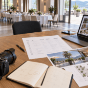Ein Holztisch, auf dem ein Laptop mit Fotos der Veranstaltung, eine Kamera, ein ausgedruckter Veranstaltungsplan, ein aufgeschlagener Terminkalender und ein Grundriss zu sehen sind; der Blick fällt auf einen Speisesaal.